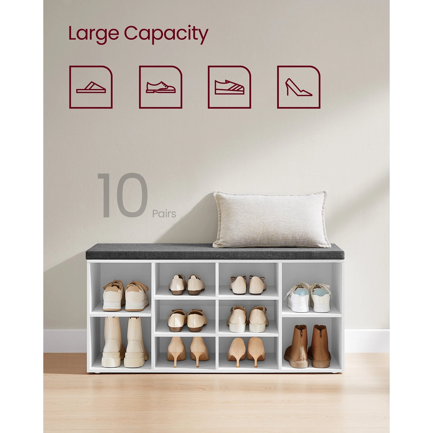 VASAGLE Shoe Bench, Shoe Shelf, Shoe Rack, Storage Cabinet, 10 Compartments, with Cushion, for Entryway, 104 x 30 x 48 cm