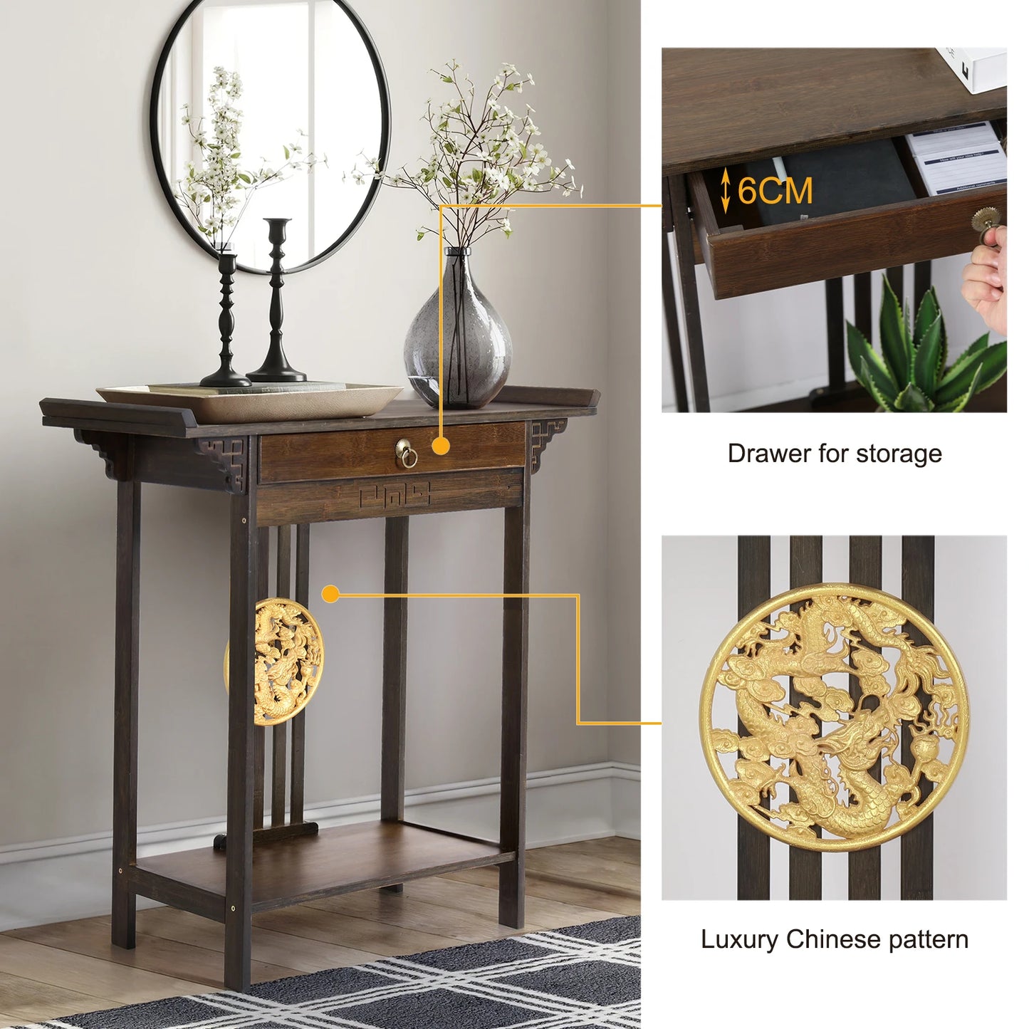 Console Table Chinese Entryway Sofa Side Table Skinny Hallway Table Sofa Table Furniture Rustic Brown with Drawer＆Shelf