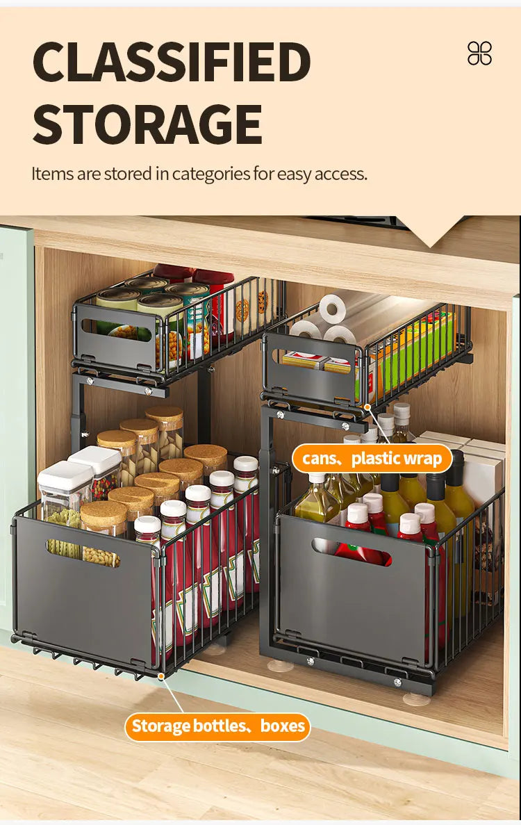 2-tier Under Sink Storage Organizer,Ajustable Sliding Cabinet Storage Basket,Kitchen Storage Rack with suction cups,Pull out Cab