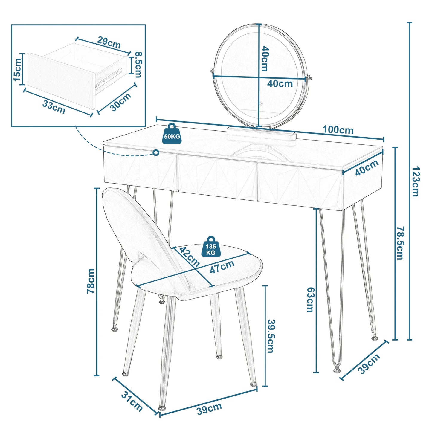 1SET Dresser Vanity Makeup Table Girls Women Dressing Table with 3-level Adjustable LED Mirror Velvet Chair for Bedroom Gift