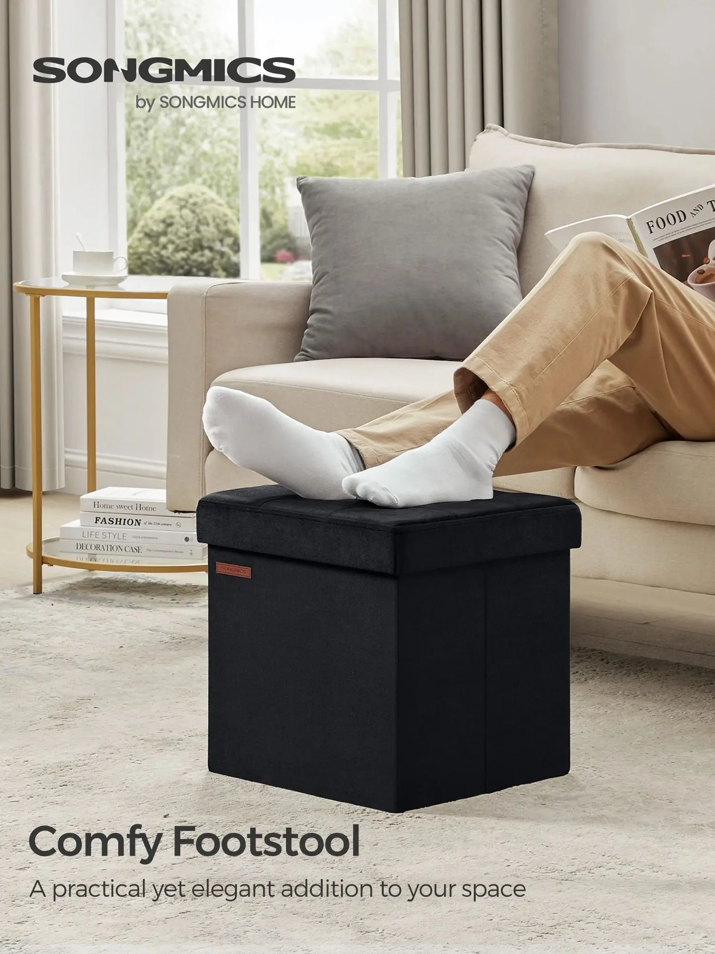 SONGMICS Storage Ottoman, Foldable Small Ottoman Foot Rest, Ottoman with Storage, Load up to 300 kg, for Living Room, Bedroom