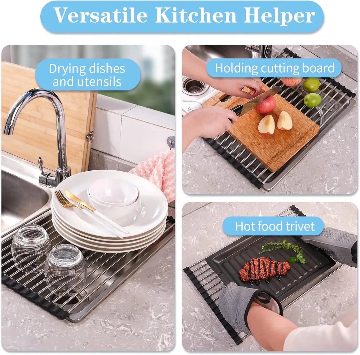 Large Drying Mat Foldable Stainless Steel Over The Sink Dish Roll Up Rack