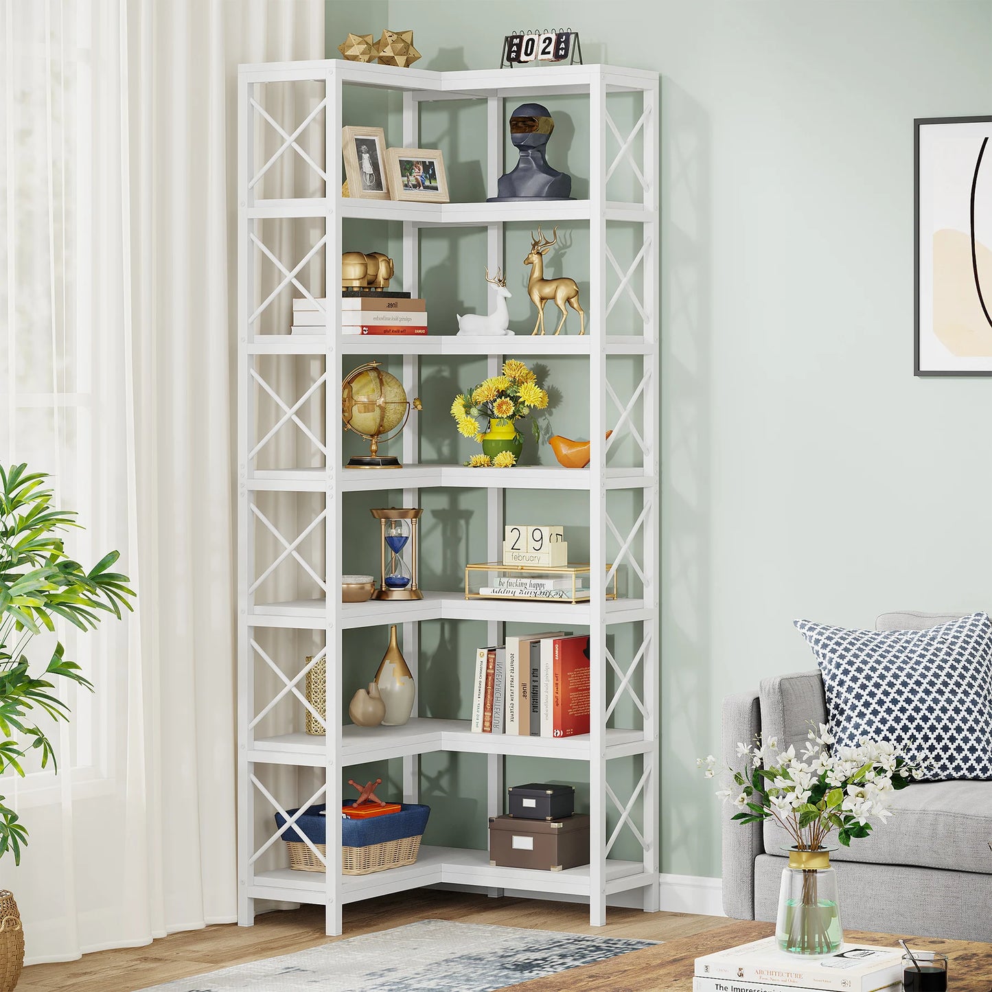 Tribesigns 7-Shelf Corner Bookshelf,Large Modern Corner Bookcase, 7-Tier Tall Corner Shelf Storage Display Rack with Metal Frame