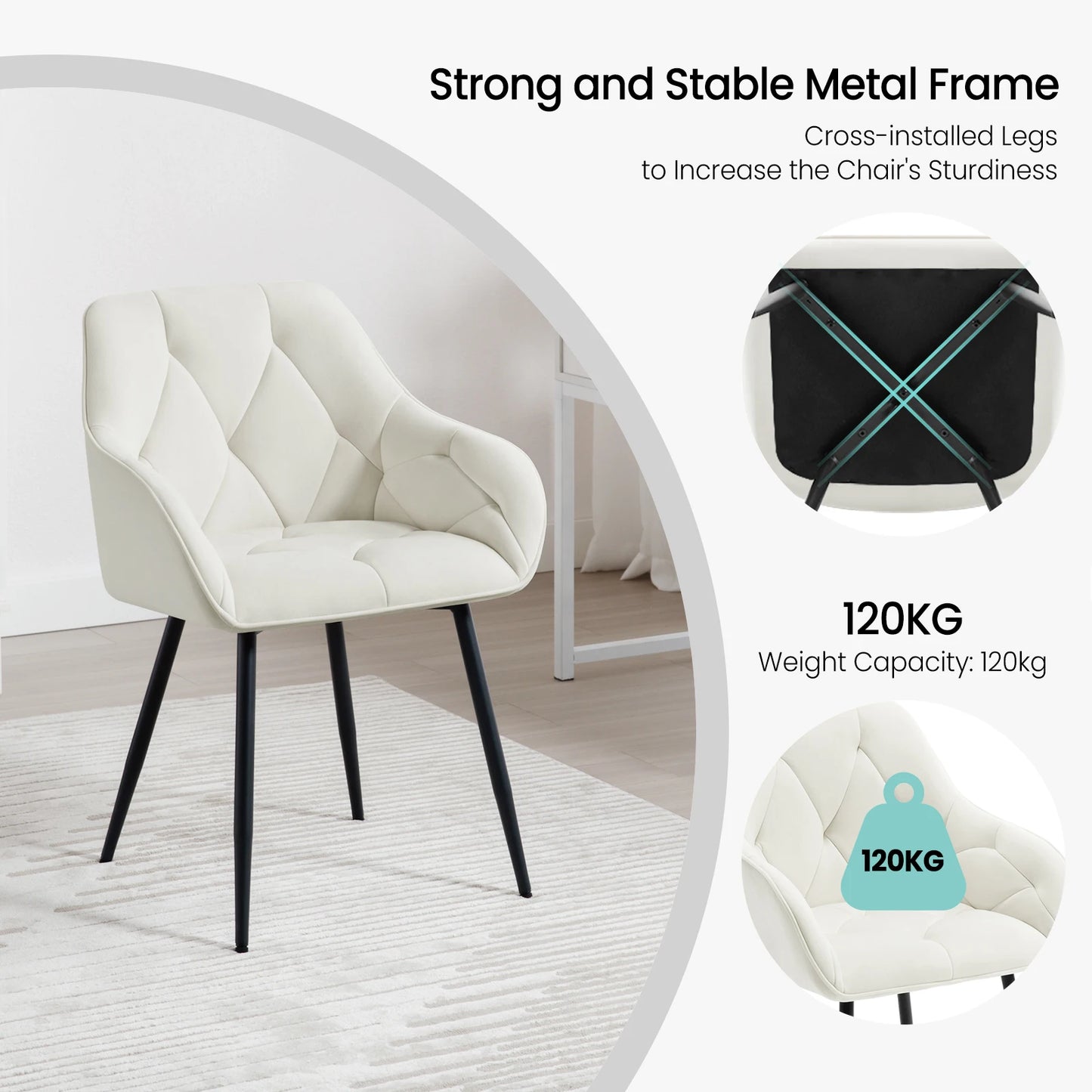 WOLTU 2PCS/Set Dining Chairs Upholstered Kitchen Chairs with Backrest Armrests Metal Legs for Living Room Office Dressing Table
