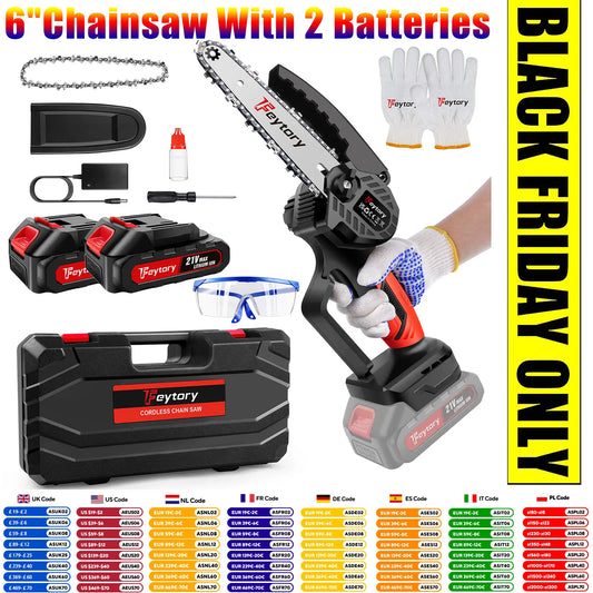Feytory 6" Chainsaw with 2 Batteries, Cordless Electric Chainsaw with 21V, 2 Chains for Wood Cutting Tree Trimming Gardening, Re