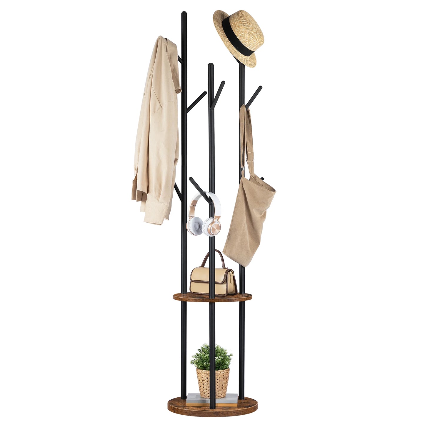 Coat Stand Coat Rack for Hallway Freestanding Coat Rack Stand with 8 Hooks Storage ShelvesHall Trees for Clothes Rustic Brown