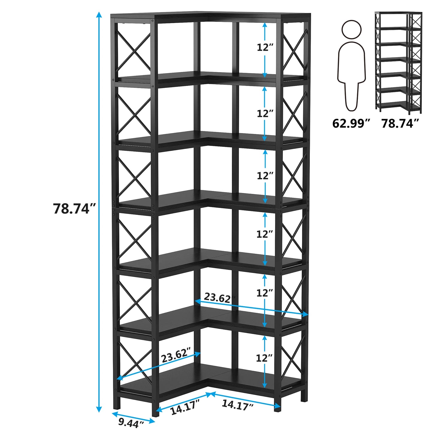 Tribesigns 7-Shelf Corner Bookshelf,Large Modern Corner Bookcase, 7-Tier Tall Corner Shelf Storage Display Rack with Metal Frame