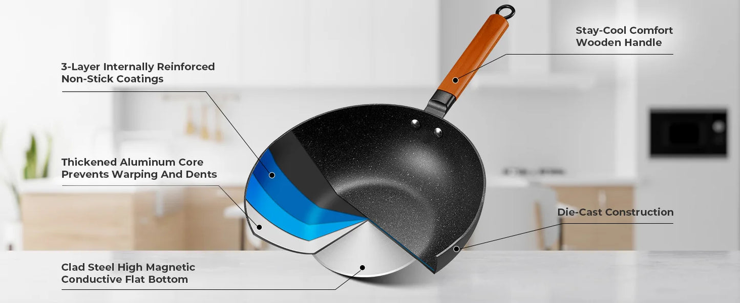 Induction Wok Pan Nonstick, Stir-Fry Wok 30cm with Wooden Handle, Flat Bottom, Suitable for All Hobs, Granite