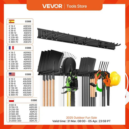VEVOR Garage Tool Organizer Wall Mount Yard Garden Heavy Duty Storage Rack with Adjustable Hooks Rails for Shovels Trimmers Hose