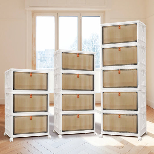 3/4/5 Tier Plastic Storage Boxes with Lid, Stackable Storage Boxes with Wheels for Bedroom Living Room Study Office