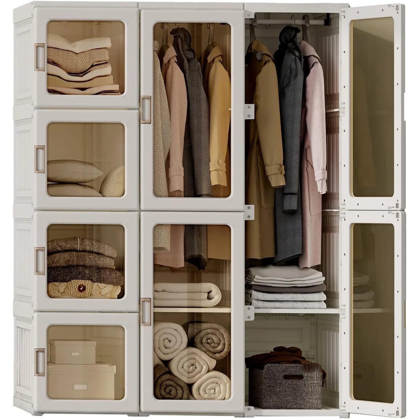 C Portable Wardrobe Closet Storage Organizer Transparent Door Panels, Plastic Wardrobe with Magnetic Door and Easy Assembly