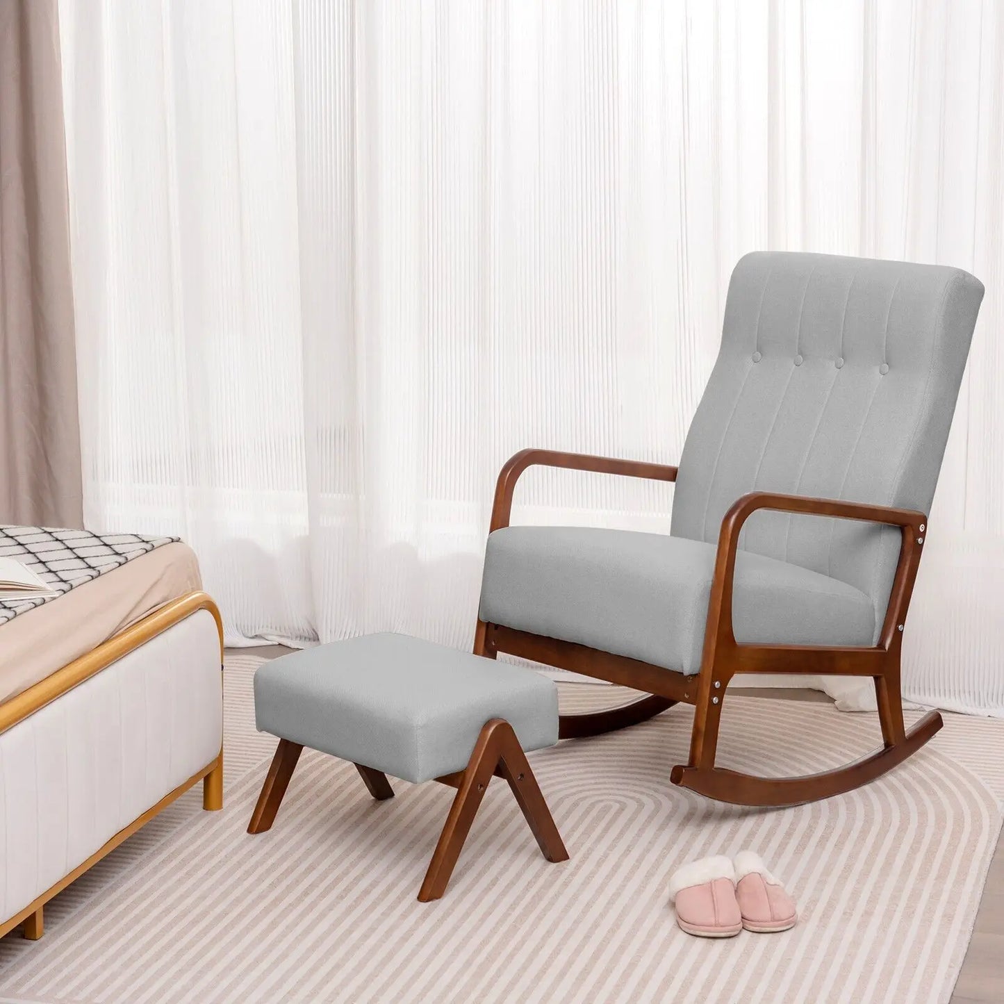 GOFLAME Rocking Chair with Ottoman Upholstered Fabric Tufted Glider Chair & Footrest Set