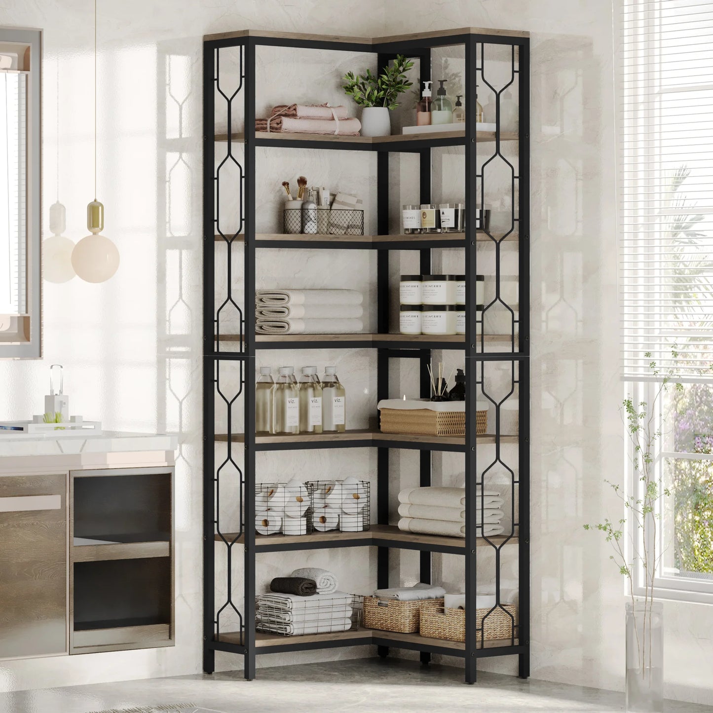 Tribesigns 7-Shelf Corner Bookshelf,Large Modern Corner Bookcase, 7-Tier Tall Corner Shelf Storage Display Rack with Metal Frame