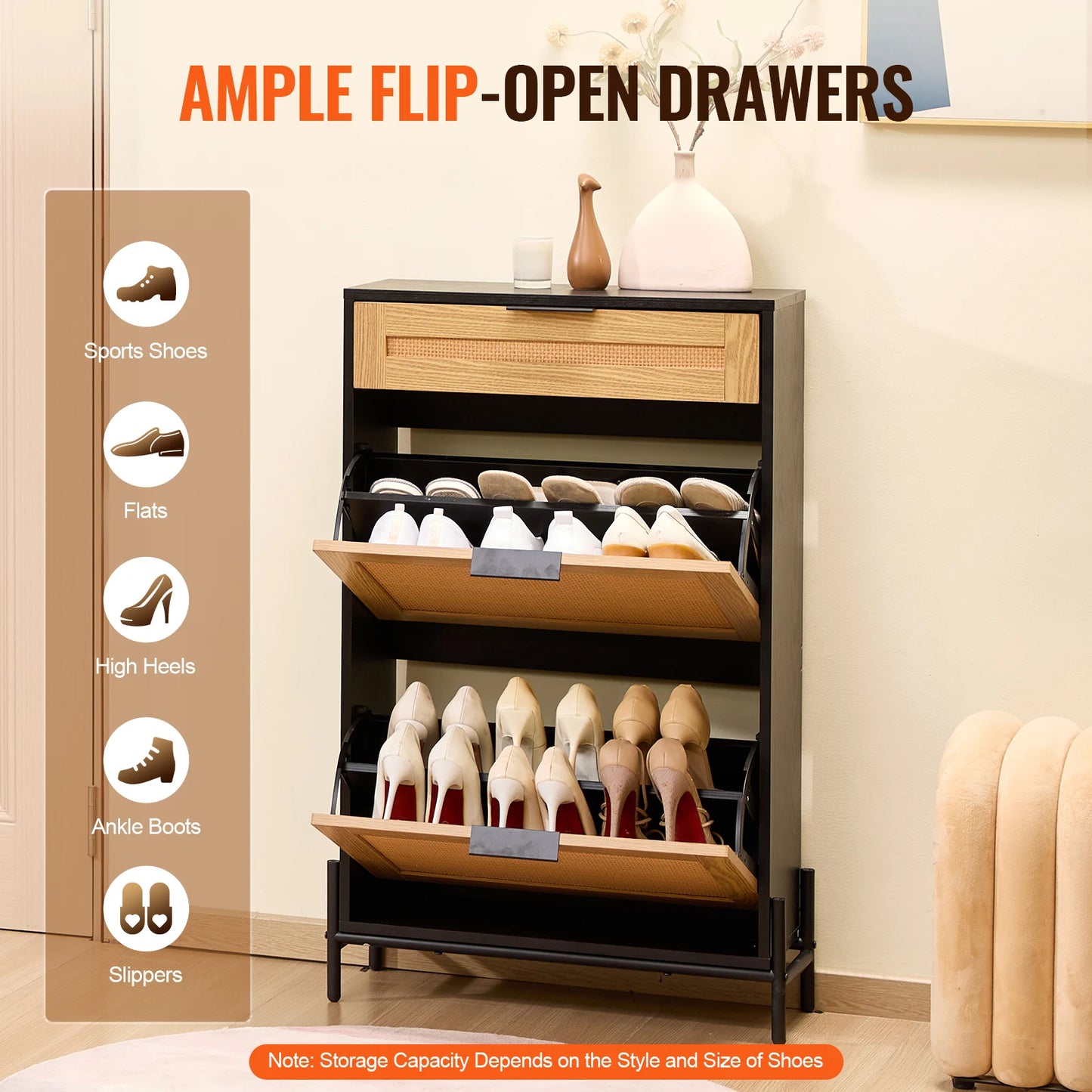 VEVOR Shoe Storage Organizer with 2 Flip Rattan Drawers&1 Slide Drawer Metal Legs Slim Shoe Cabinet for Entryway Closet Hallway