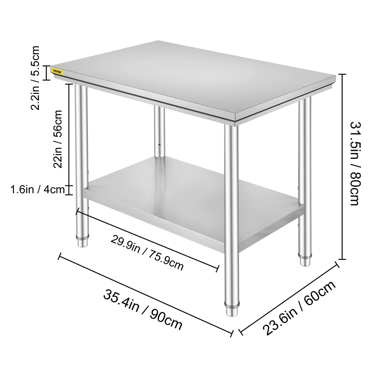 VEVOR Kitchen Work Bench Commercial Catering Table Worktable with Undershelf Stainless Steel 330LBS 286LBS for Restaurant Garage