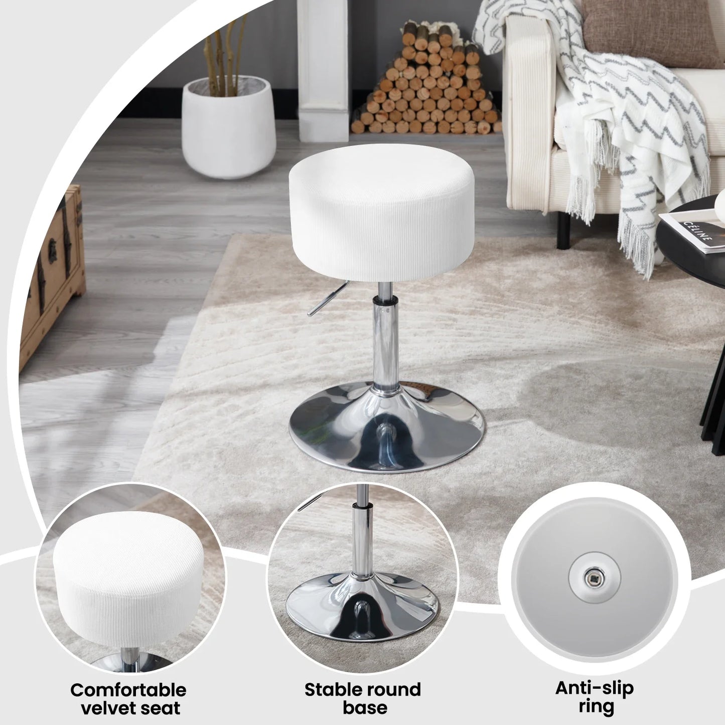 1PC White Round Swivel Bar Stools Height-Adjustable Makeup Stools Corduroy Padded Stools for Office Kitchen Home