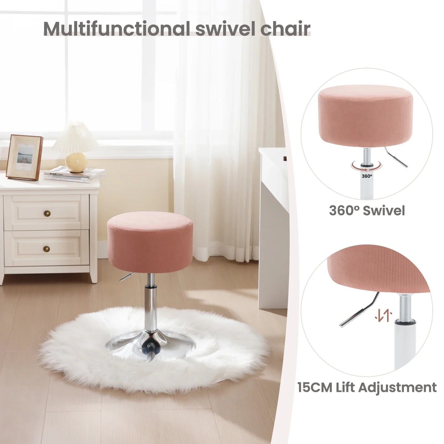 1PC White Round Swivel Bar Stools Height-Adjustable Makeup Stools Corduroy Padded Stools for Office Kitchen Home