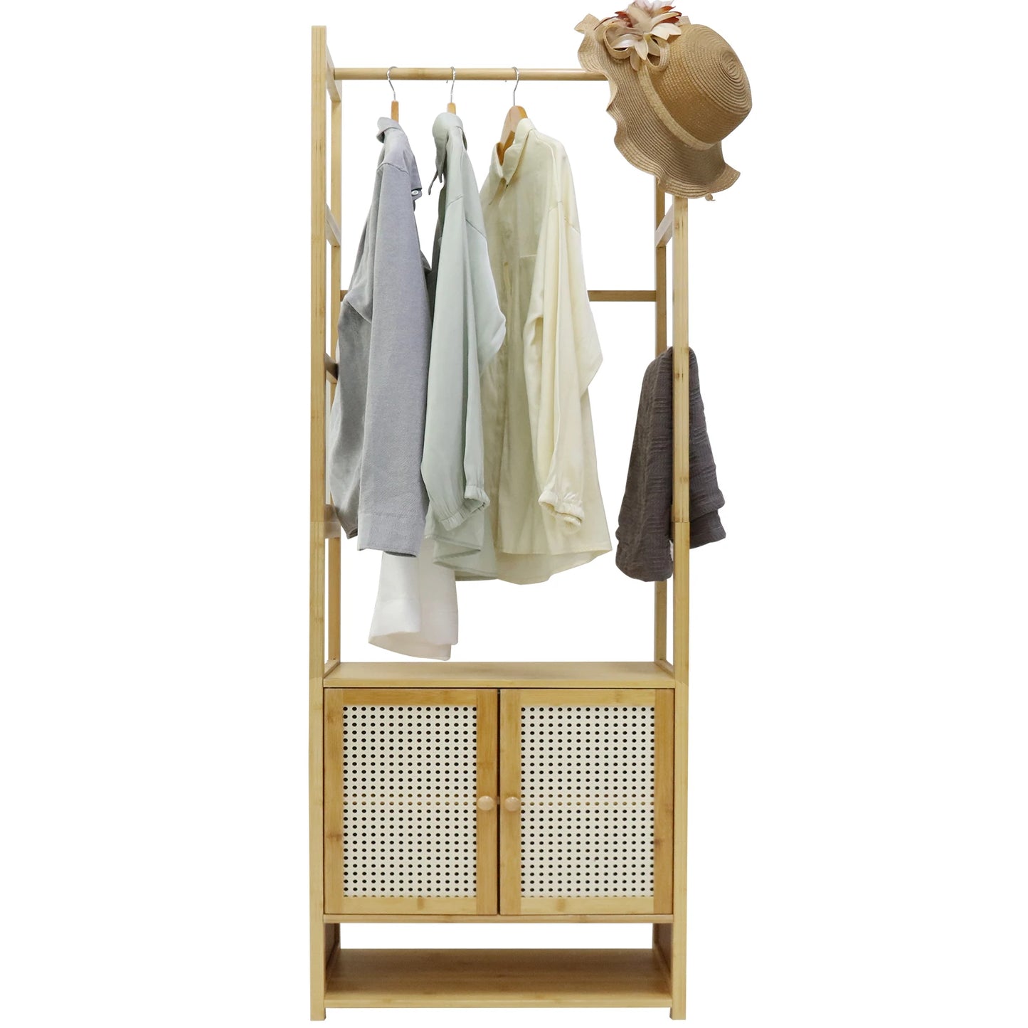 Clothes Stand with Cabinet Free-standing Bamboo Open Garment Rack with Storage Shelves Hanging Clothes Rack for Living Room