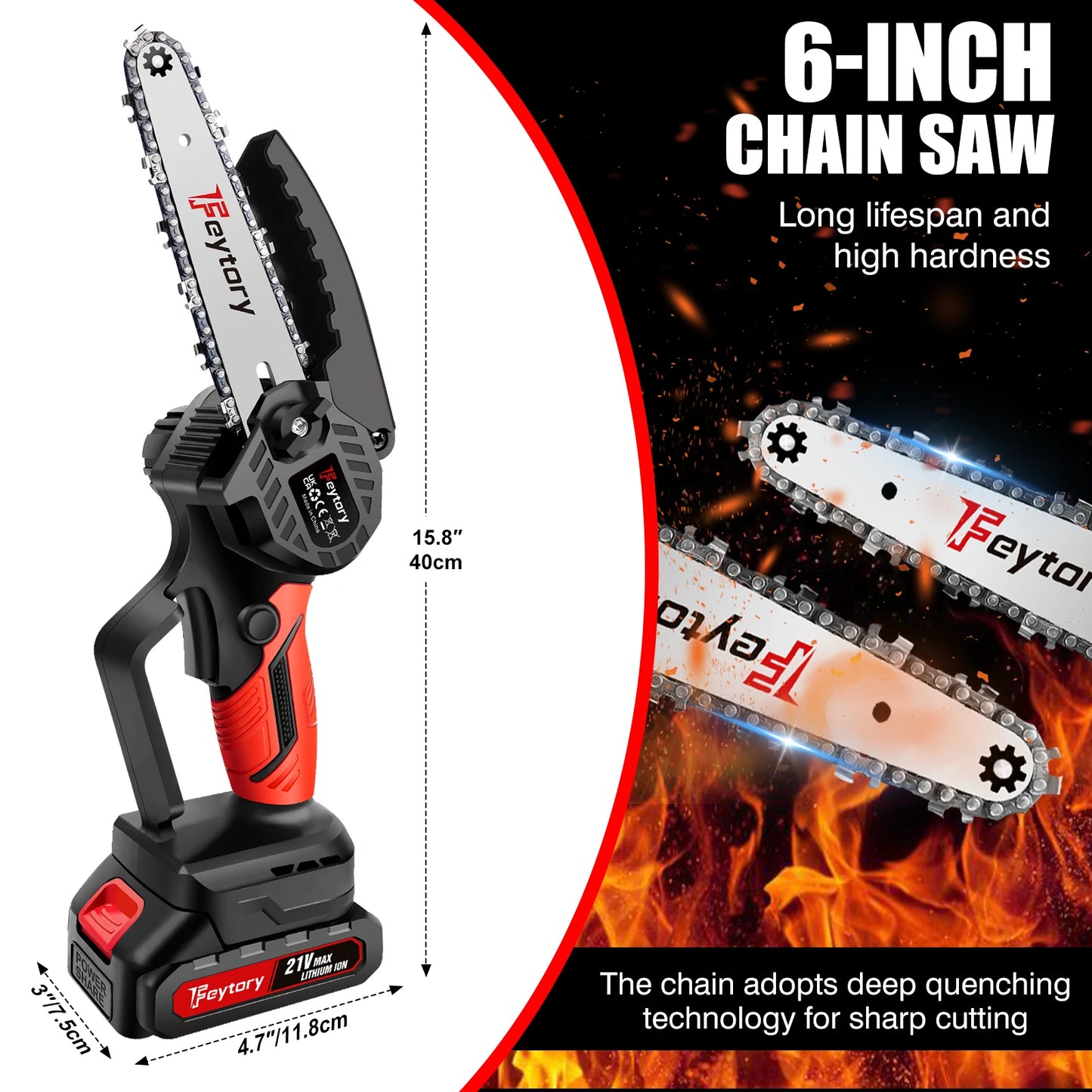 Feytory 6" Chainsaw with 2 Batteries, Cordless Electric Chainsaw with 21V, 2 Chains for Wood Cutting Tree Trimming Gardening, Re