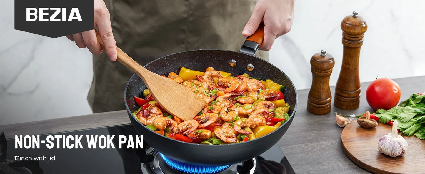 Induction Wok Pan Nonstick, Stir-Fry Wok 30cm with Wooden Handle, Flat Bottom, Suitable for All Hobs, Granite