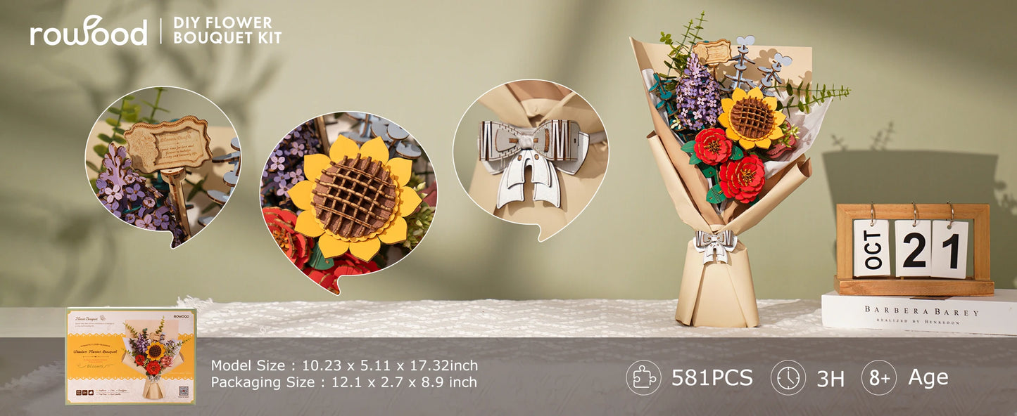 Robotime Rowood Wooden Flower Bouquet 3D Wooden Puzzle Wood Crafts Kits for Adults Home Decor