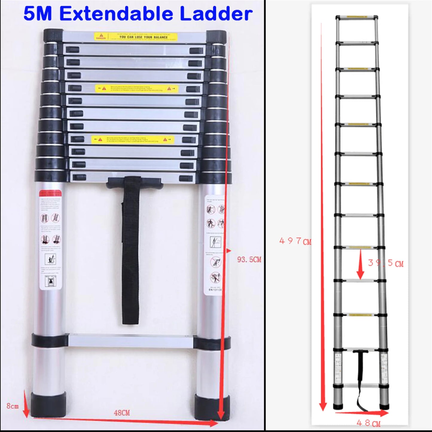 DayPlus 5m Telescopic Ladder 16.4ft Multi-Purpose Aluminum Lightweight Folding ladder Non-Slip Extendable Sturdy Home Loft Tool
