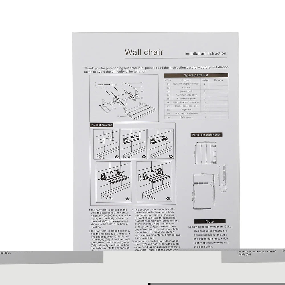 Foldable Shower Seat Wall Mounted for Bathroom Max 130kg
