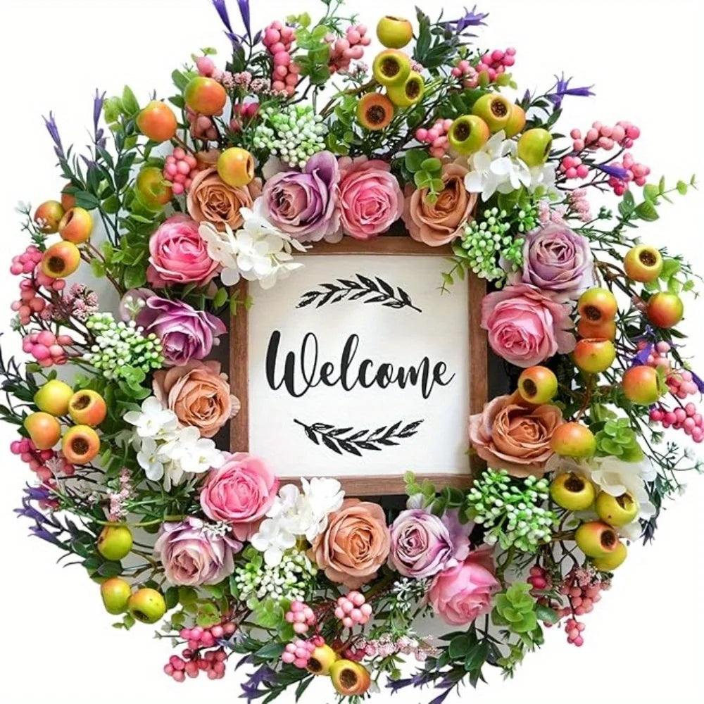 40cm Spring Summer Wreath Front Door Artificial Berries and Colorful Flower Wreath with Welcome Sign Wall Window Greenery Wreath