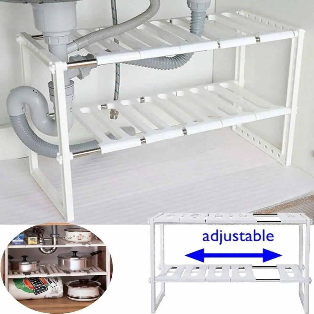 Under Sink Storage Caddy Multi Purpose Rack Adjustable Tidy 2 Tier Shelf Kitchen