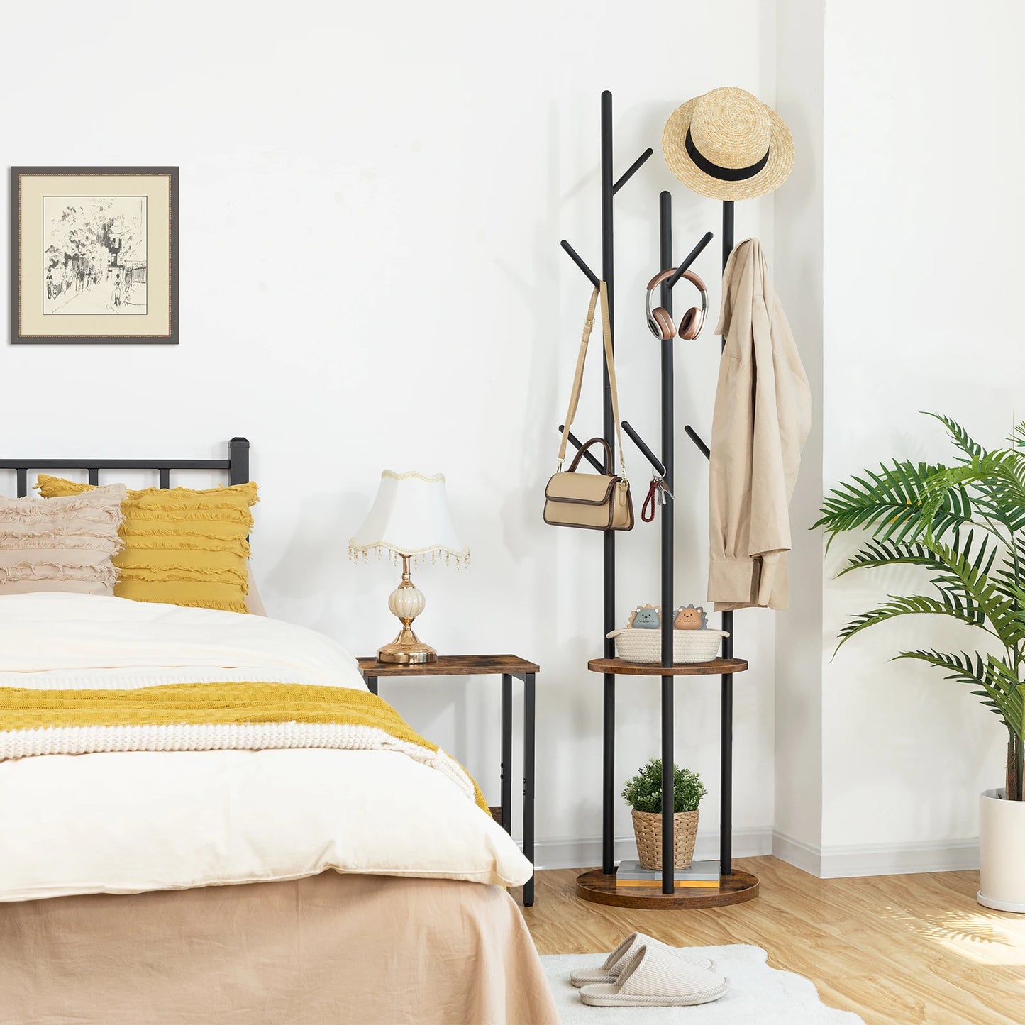 Coat Stand Coat Rack for Hallway Freestanding Coat Rack Stand with 8 Hooks Storage ShelvesHall Trees for Clothes Rustic Brown