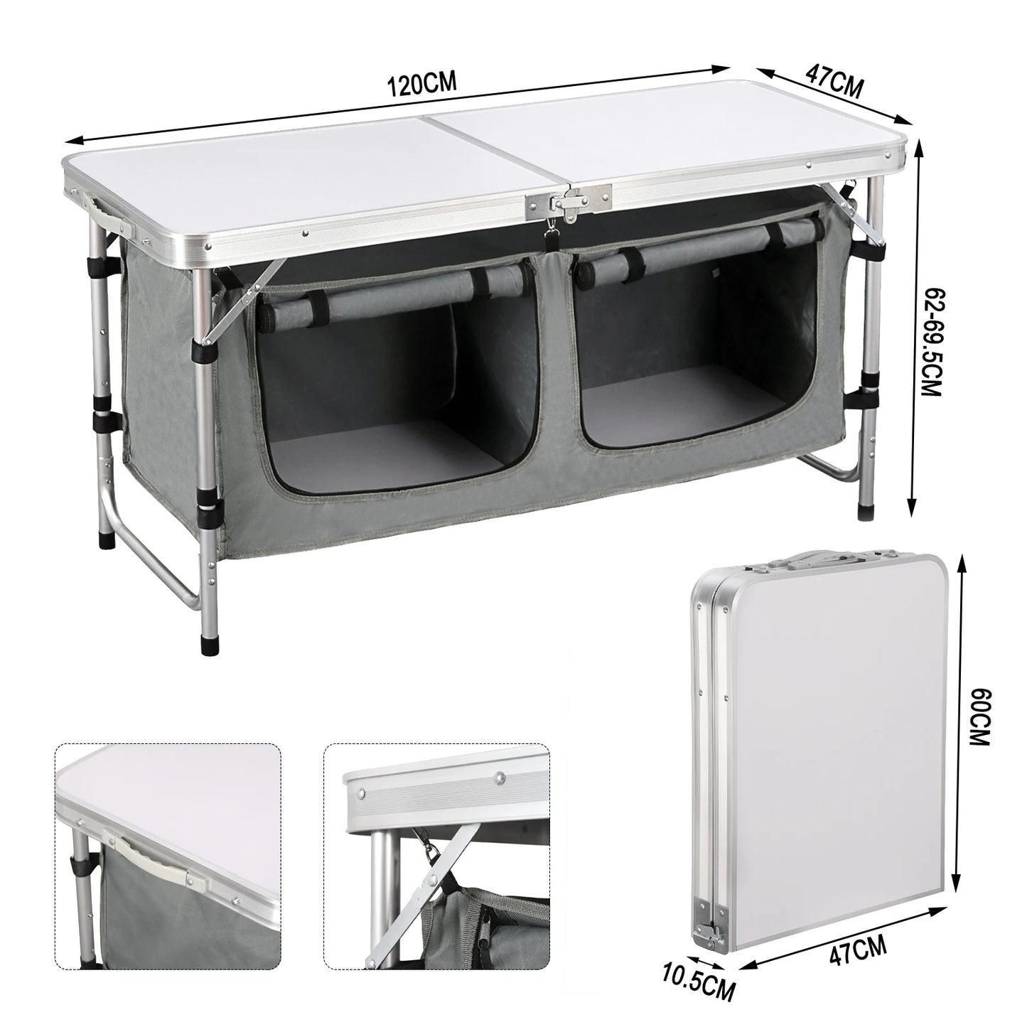 Folding Picnic Table Kitchen Camping Cupboards Aluminum Suitcase Table with Storage Bag Adjustable Height Outdoor Garden Table