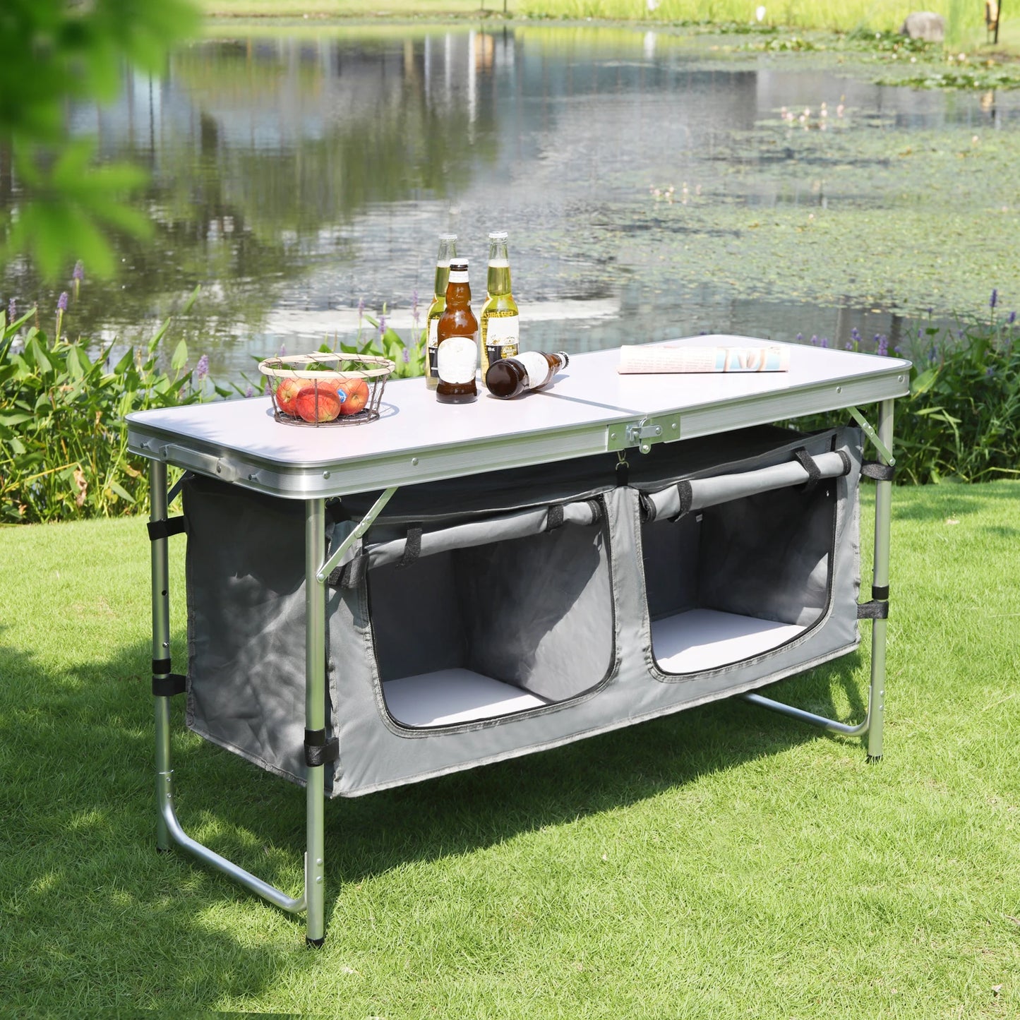 Folding Picnic Table Kitchen Camping Cupboards Aluminum Suitcase Table with Storage Bag Adjustable Height Outdoor Garden Table