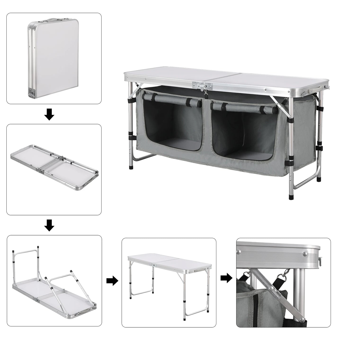 Folding Picnic Table Kitchen Camping Cupboards Aluminum Suitcase Table with Storage Bag Adjustable Height Outdoor Garden Table