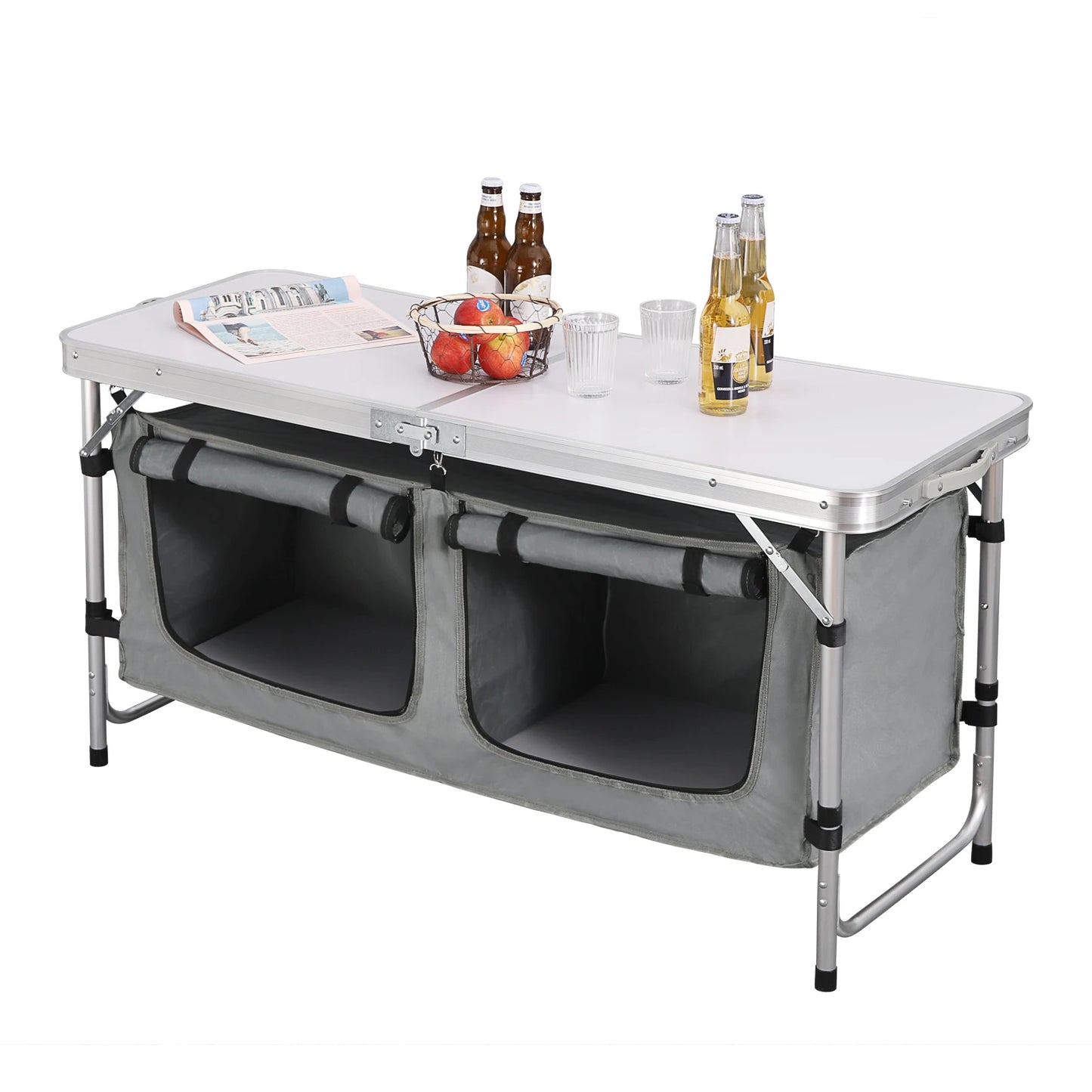 Folding Picnic Table Kitchen Camping Cupboards Aluminum Suitcase Table with Storage Bag Adjustable Height Outdoor Garden Table