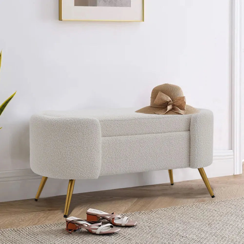 White Luxurious Comfortable Multifunctional Household Sherpa Upholstered Oval Bench