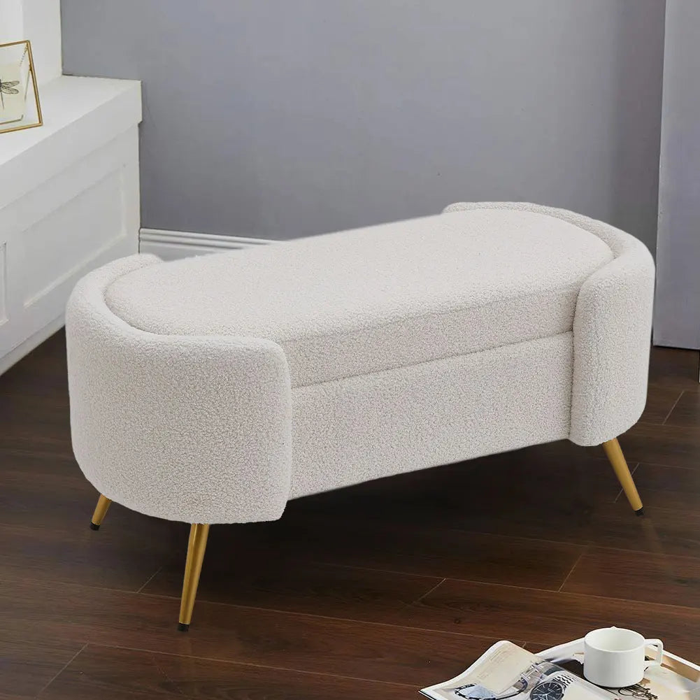 White Luxurious Comfortable Multifunctional Household Sherpa Upholstered Oval Bench