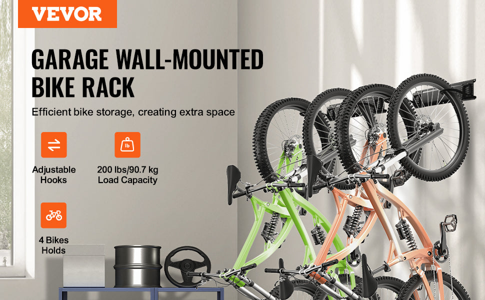 VEVOR Bike Storage Rack Wall Mount Bike Storage Hanger with 2 Helmets Hooks Adjustable Holder for 4 Bikes Home Garage Organizer