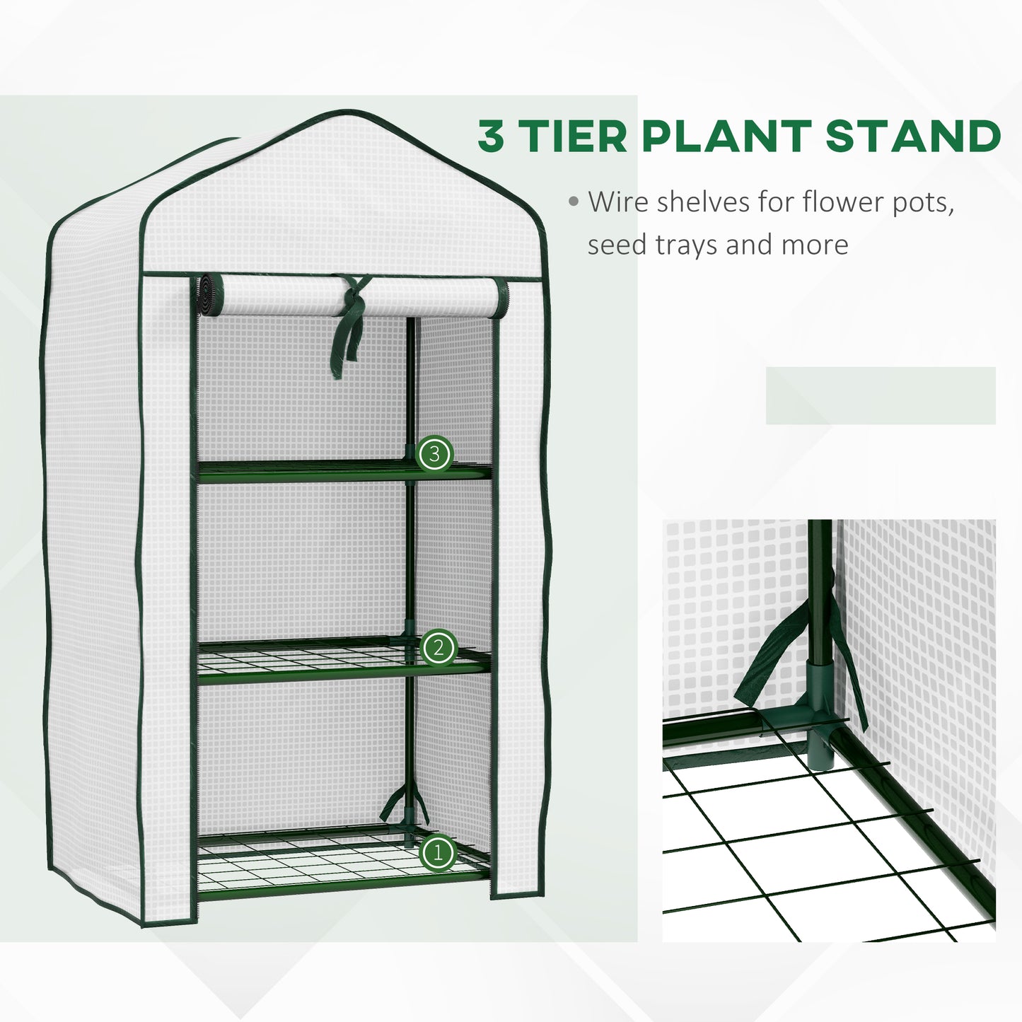 3 Tier Mini Greenhouse with Reinforced PE Cover, Outdoor Greenhouse, White
