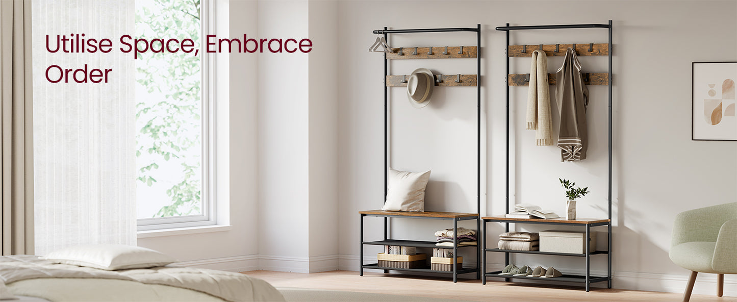 VASAGLE Coat Rack with Shoe Storage, Hall Tree, Coat Stand with Shoe Bench, 9 Movable Hooks, Top Bar, 32.2 x 84 x 180 cm