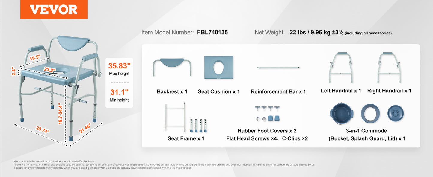 VEVOR Commode Chair Bedside Commode with Padded Seat and Arms, 7-Level Adjustable Height 5.8L Removable Bucket Easy to Assemble