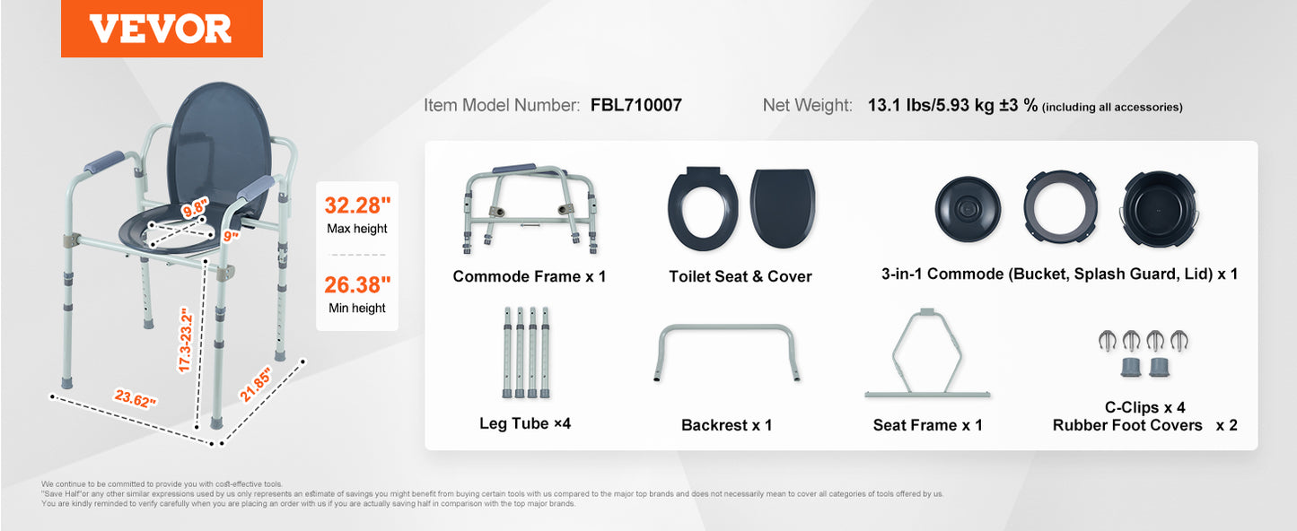 VEVOR Commode Chair Bedside Commode with Padded Seat and Arms, 7-Level Adjustable Height 5.8L Removable Bucket Easy to Assemble