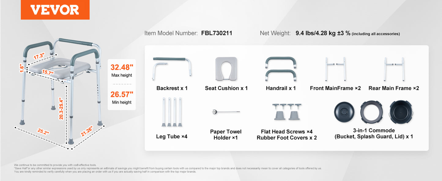 VEVOR Commode Chair Bedside Commode with Padded Seat and Arms, 7-Level Adjustable Height 5.8L Removable Bucket Easy to Assemble