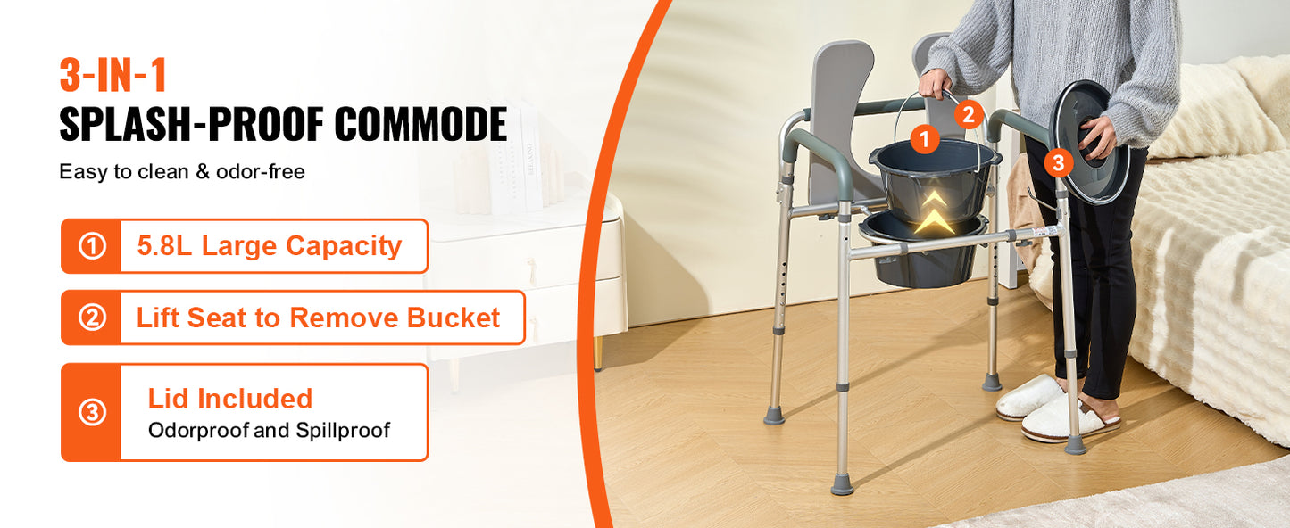 VEVOR Commode Chair Bedside Commode with Padded Seat and Arms, 7-Level Adjustable Height 5.8L Removable Bucket Easy to Assemble