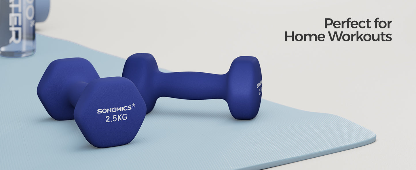 SONGMICS Set of 2 Dumbbells, 2 x 2.5 kg Hand Weights with Neoprene Coating, Hexagonal Dumbbells Pair, Home Workout