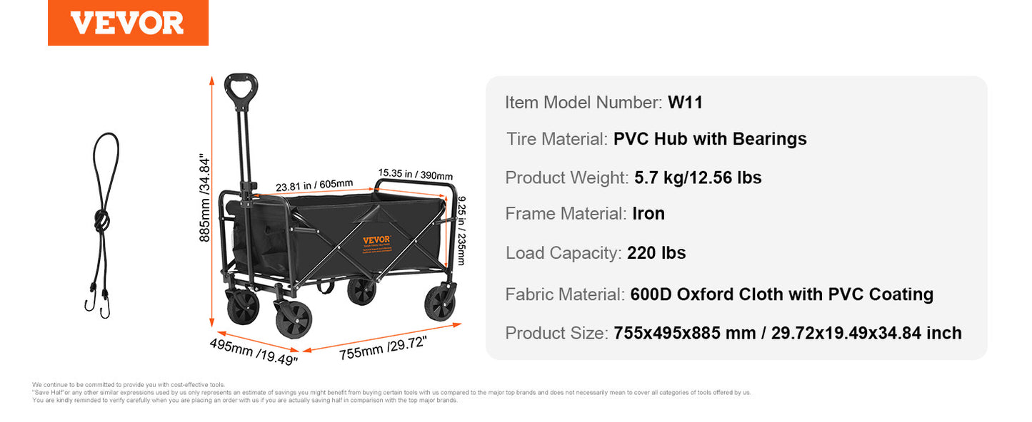 VEVOR Collapsible Folding Wagon Beach Wagon Cart with All-Terrain Wheels Drink Holders Sports Wagon for Camping Shopping Garden
