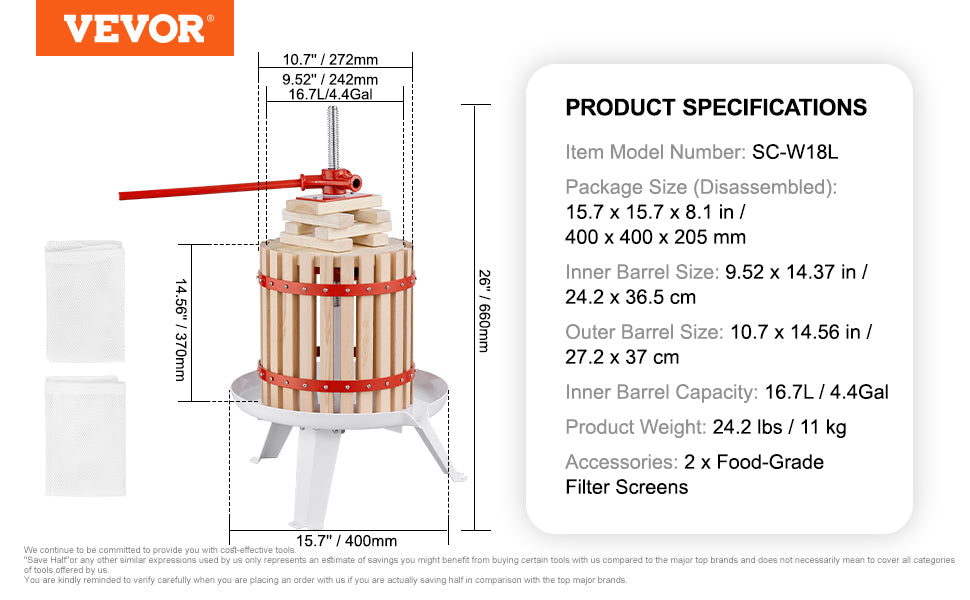 VEVOR Fruit Wine Press 6L/18L/12L Solid Wood Basket  6 or 8 Blocks Manual Juice Maker with Pole Handle Bar for Kitchen and Home