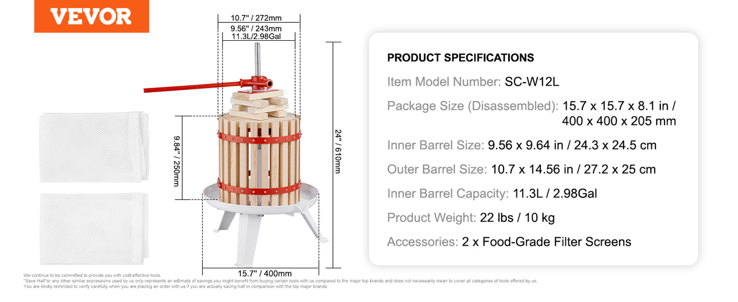 VEVOR Fruit Wine Press 6L/18L/12L Solid Wood Basket  6 or 8 Blocks Manual Juice Maker with Pole Handle Bar for Kitchen and Home