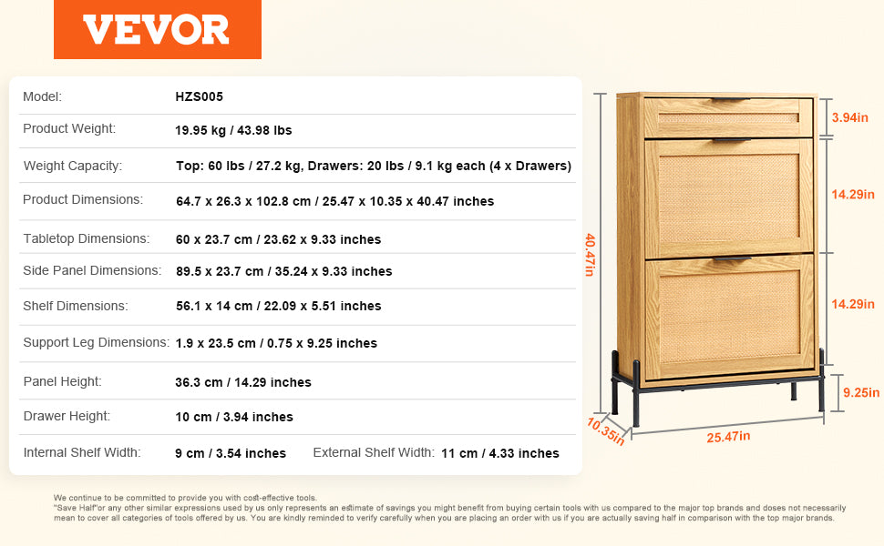 VEVOR Shoe Storage Organizer with 2 Flip Rattan Drawers&1 Slide Drawer Metal Legs Slim Shoe Cabinet for Entryway Closet Hallway