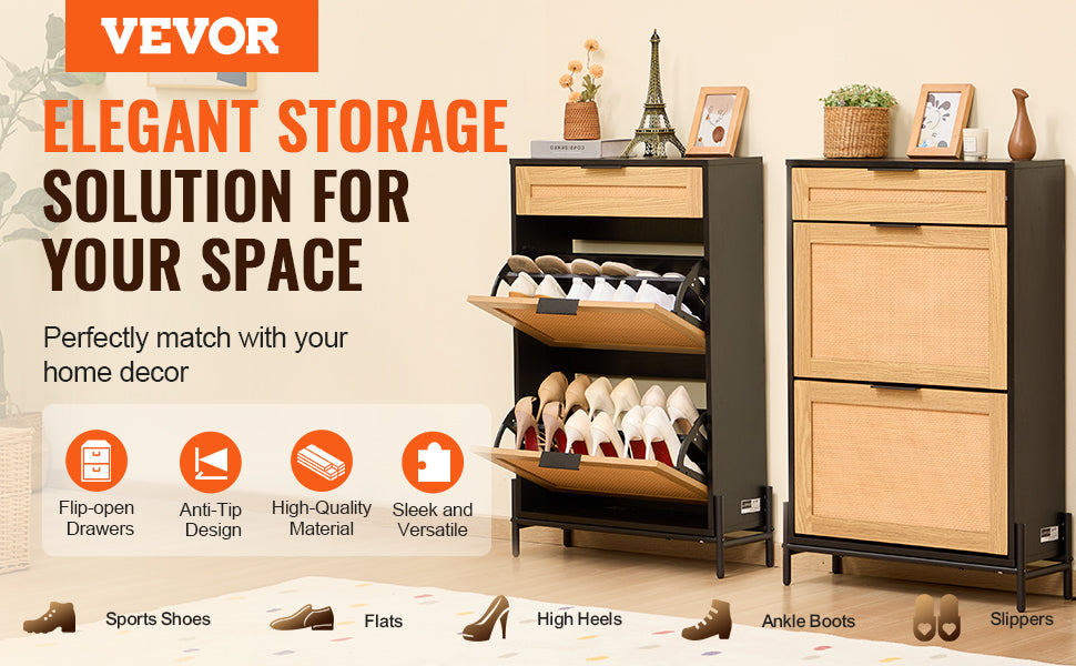 VEVOR Shoe Storage Organizer with 2 Flip Rattan Drawers&1 Slide Drawer Metal Legs Slim Shoe Cabinet for Entryway Closet Hallway