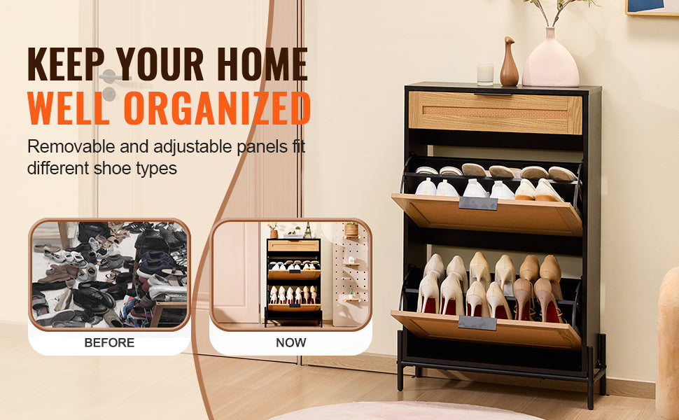 VEVOR Shoe Storage Organizer with 2 Flip Rattan Drawers&1 Slide Drawer Metal Legs Slim Shoe Cabinet for Entryway Closet Hallway